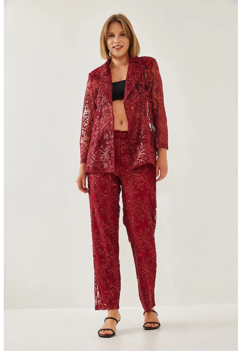 Set doua piese - lung brodat - rosu - acril si lana