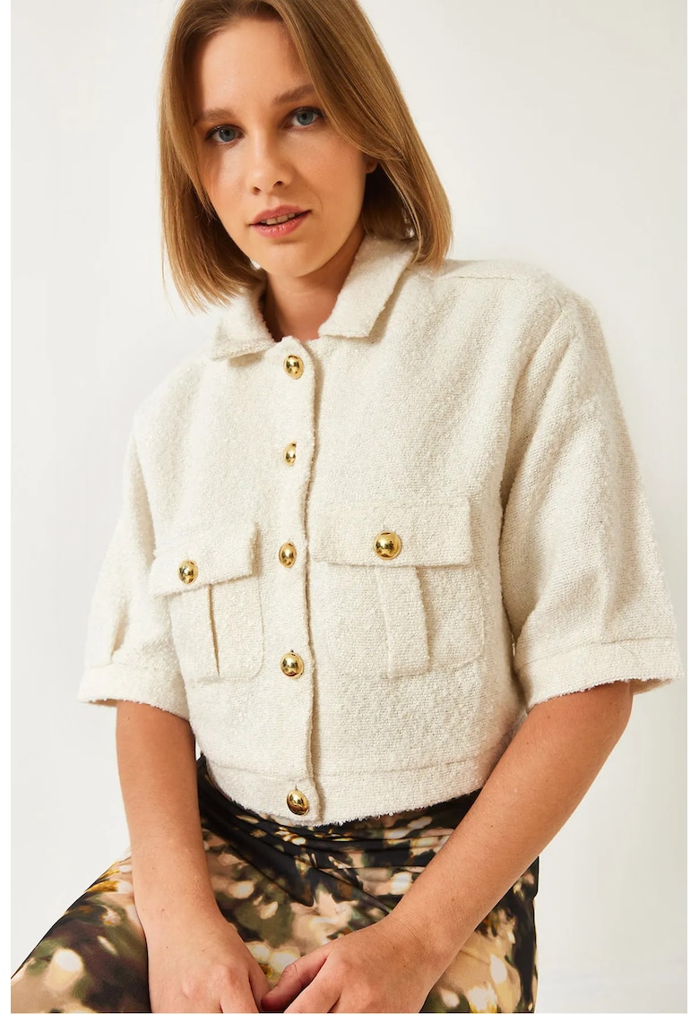 Jacheta scurta dama -  cu guler si nasturi - acril/lana - alb