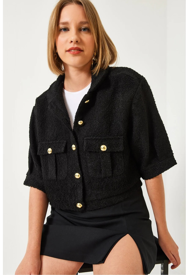 Jacheta scurta dama - cu guler si nasturi - acril/lana - negru Jacheta scurta dama - cu guler si nasturi - acril/lana - negru