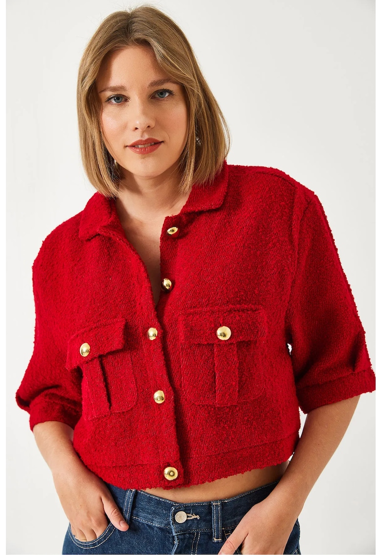 Jacheta scurta dama - cu guler si nasturi - acril/lana - rosu Jacheta scurta dama - cu guler si nasturi - acril/lana - rosu
