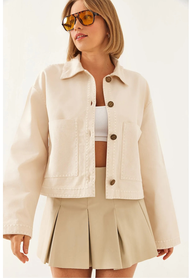 Jacheta scurta dama - piele ecologica brodata -  bej