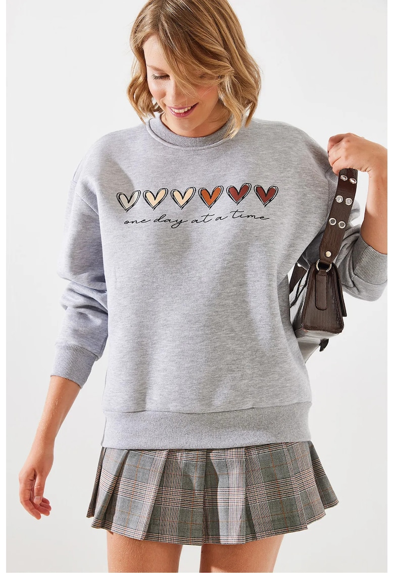 Hanorac dama - guler rotund - model cu inima - gri - bumbac