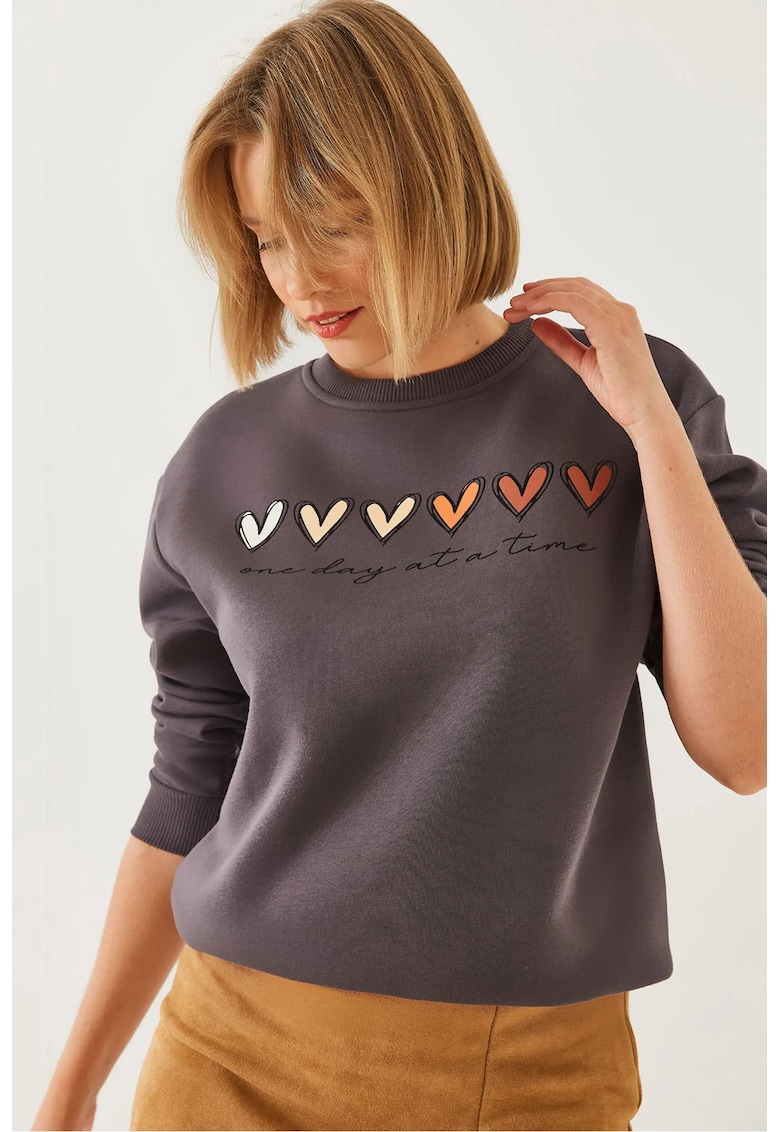 Hanorac dama - guler rotund - model cu inima - gri - bumbac -