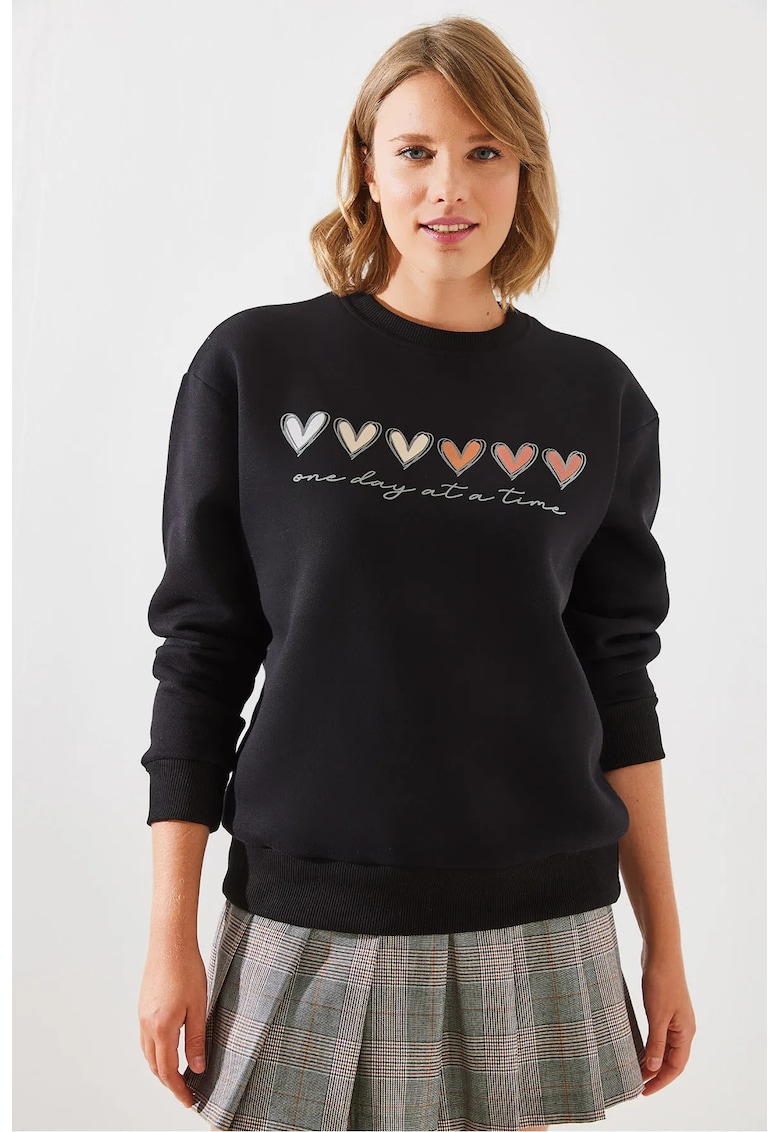 Hanorac dama - cu guler rotund - model cu inima - negru - bumbac