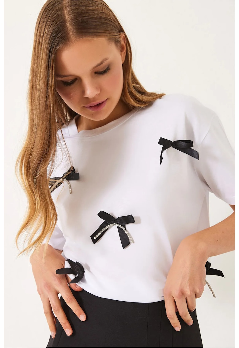 Tricou dama -  tricou scurt cu model si accesorii - alb - bumbac