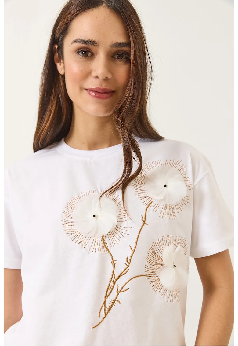 Tricou dama  bumbac - guler rotund - brodat - alb - maneca scurta