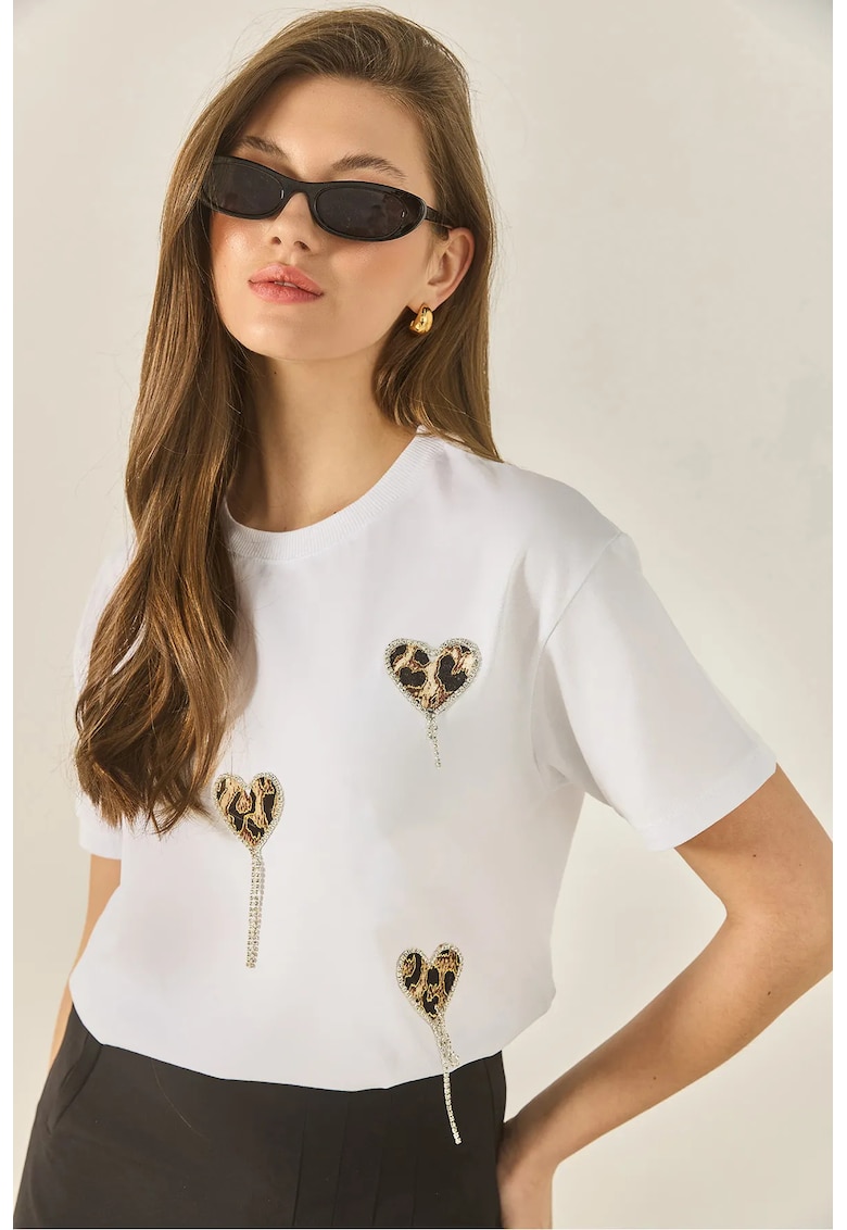 Tricou dama  din bumbac cu imprimeu brodat - alb - maneca scurta