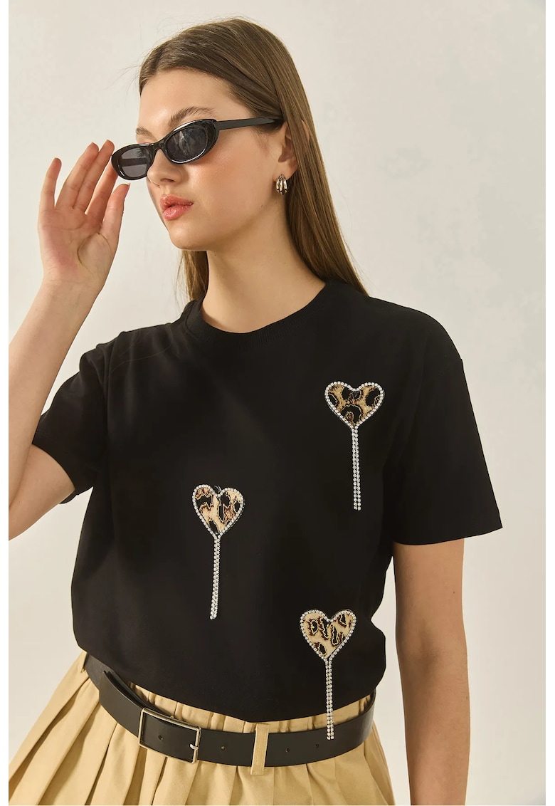 Tricou  din bumbac cu imprimeu brodat - negru - maneca scurta