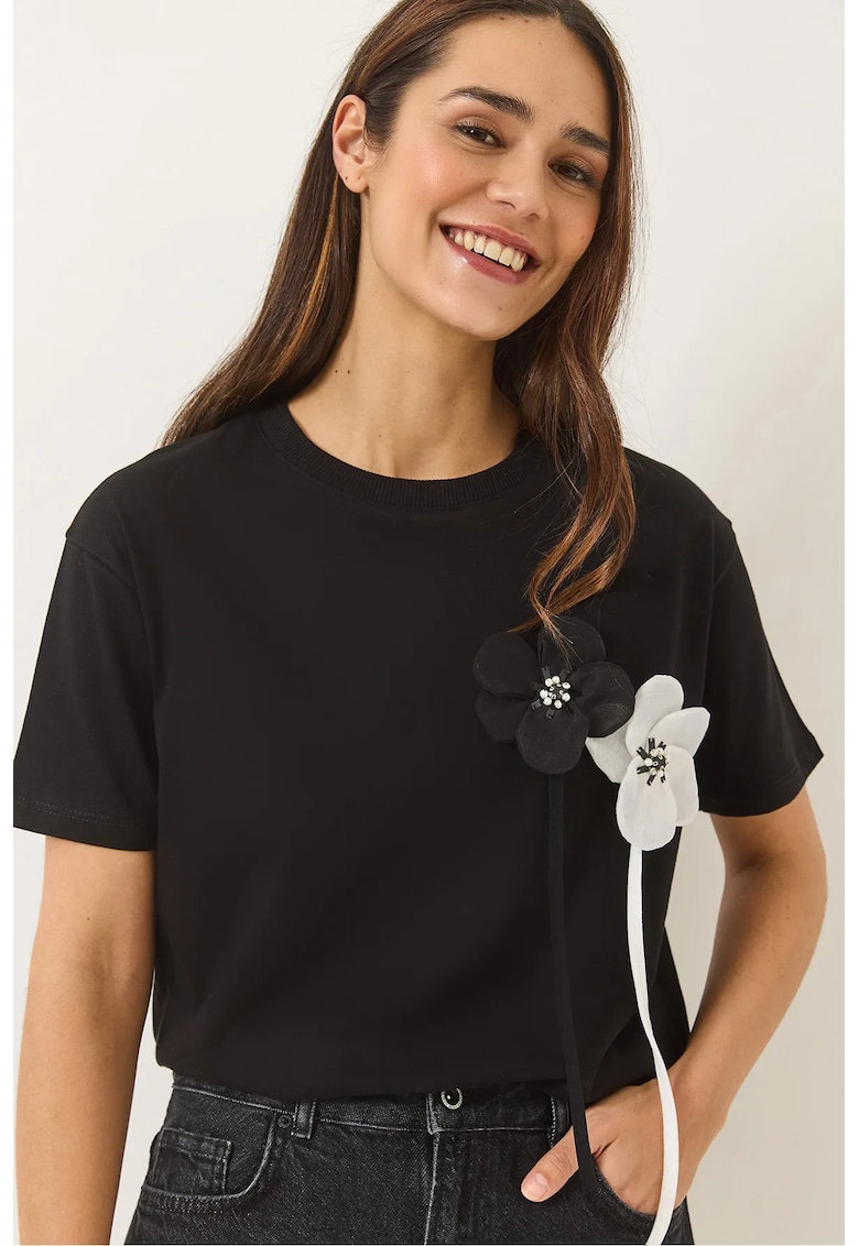 Tricou dama - imprimeu floral - negru - bumbac