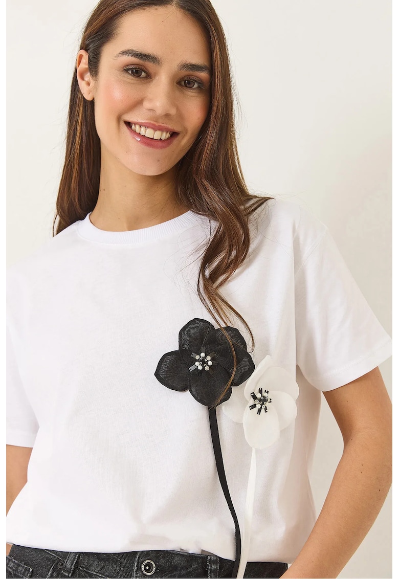 Tricou dama - imprimeu floral - alb - bumbac