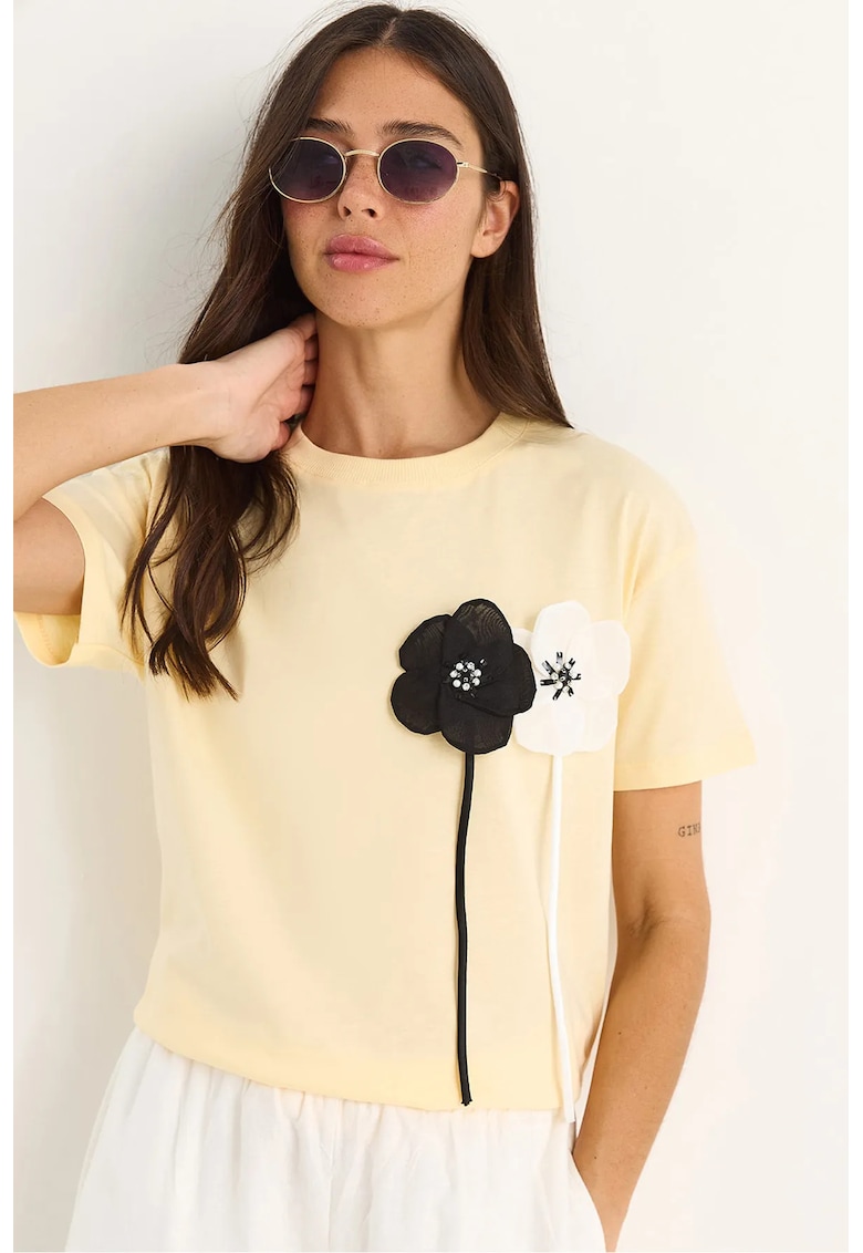 Tricou dama - tricou cu maneca scurta - imprimeu floral - galben - bumbac