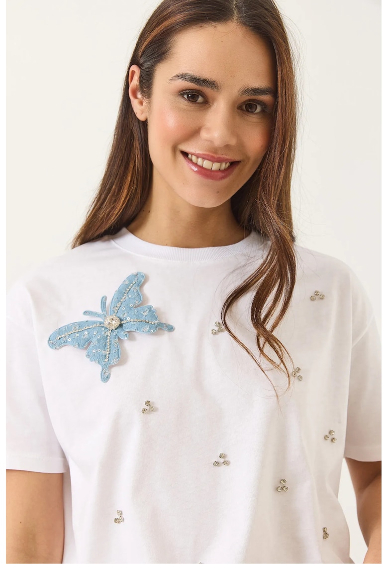 Tricou dama -  guler rotund - brodat - alb - bumbac