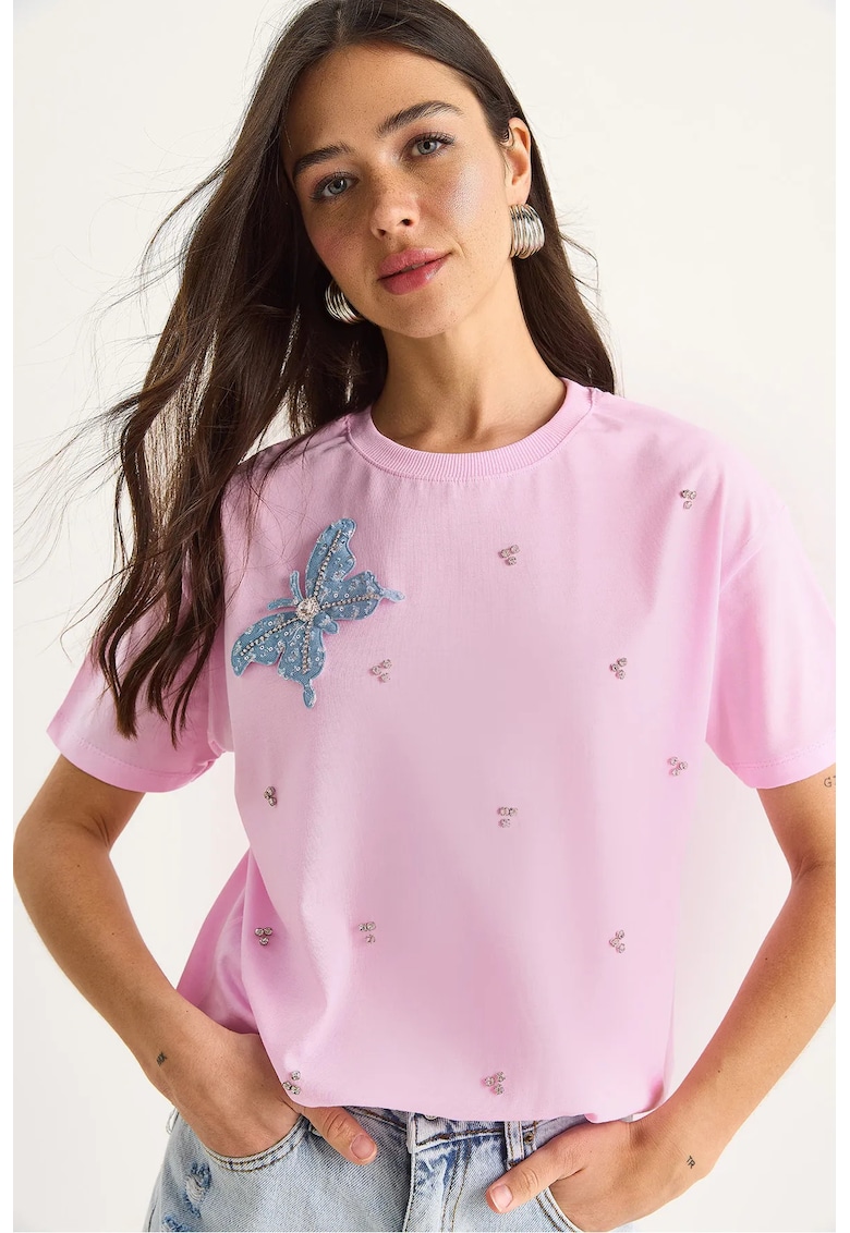 Tricou dama - guler rotund - brodat - roz - bumbac