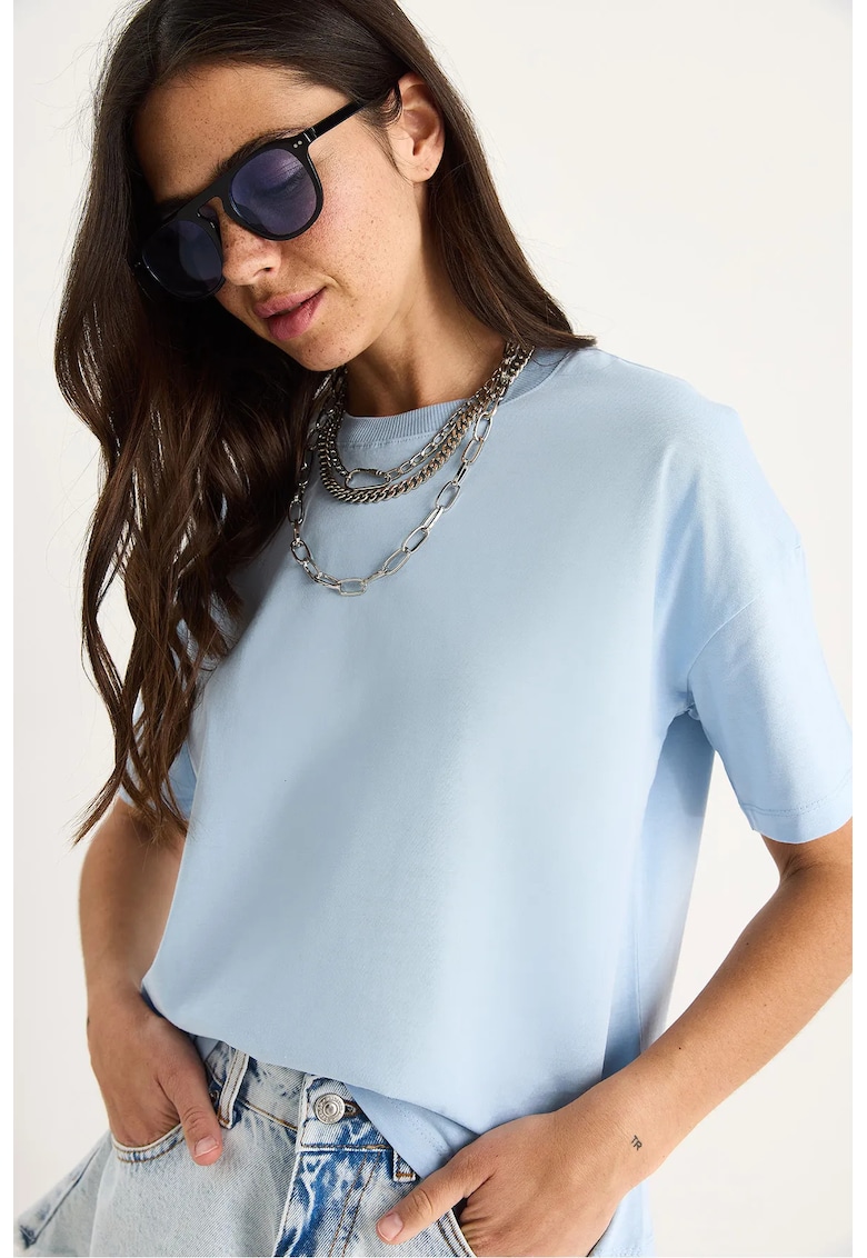 Tricouri dama -  tricou cu guler rotund si crapatura - albastru - bumbac