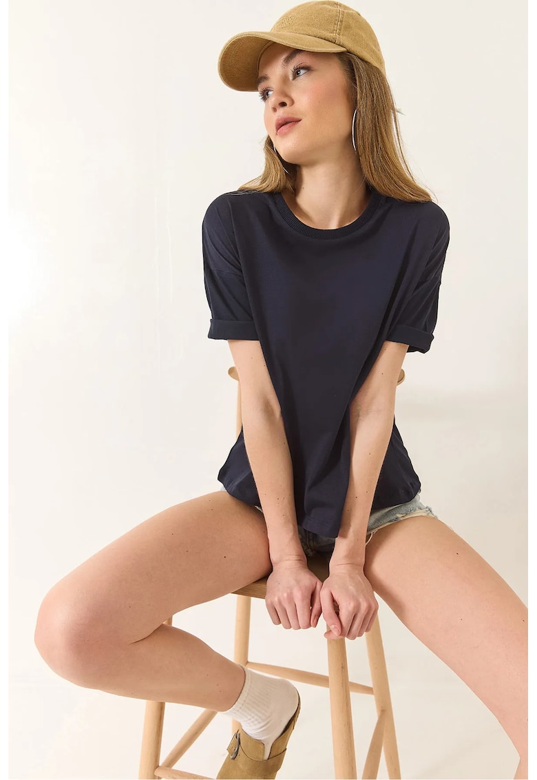 Tricou dama Relaxed Fit - guler rotund - crapatura - albastru - bumbac