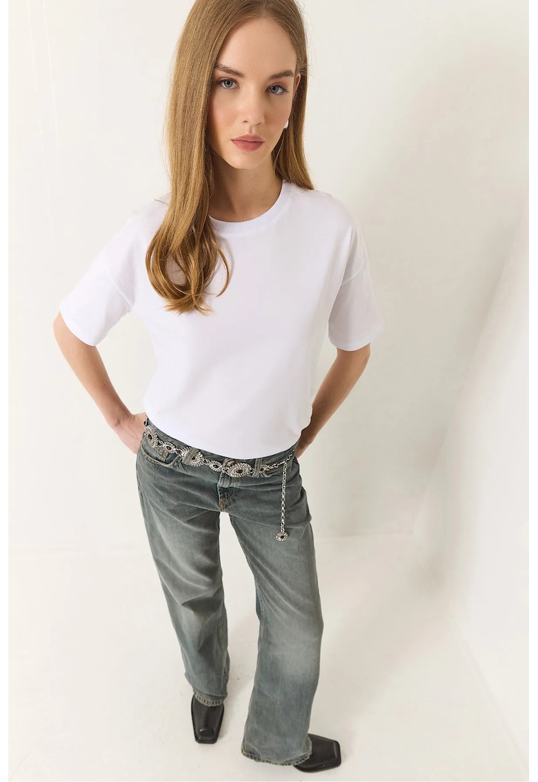 Tricou dama  croiala relaxata - guler rotund - crapatura - Alb - Bumbac