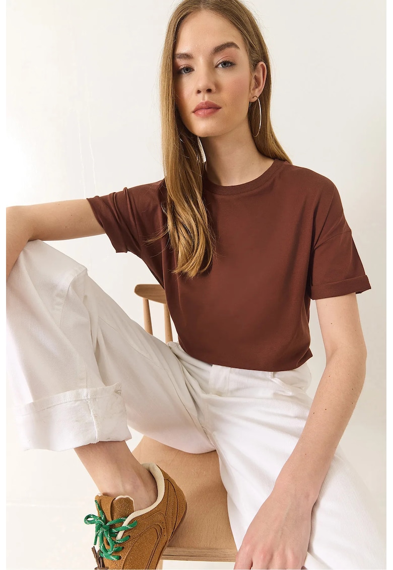 Tricou dama Relaxed Fit - guler rotund - crapatura - maro - bumbac