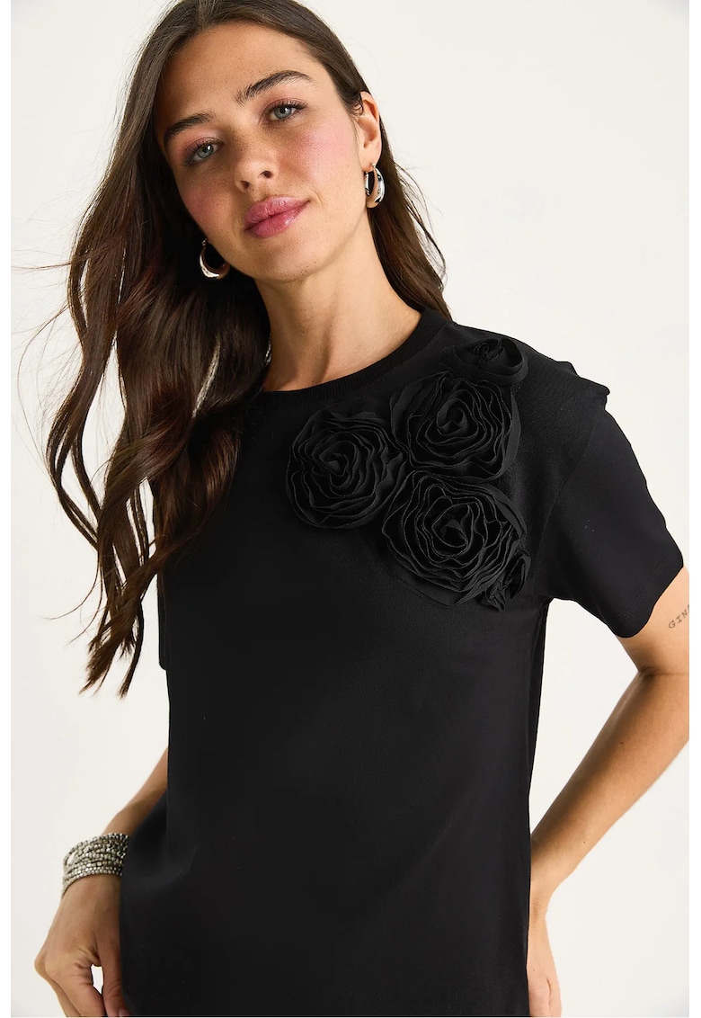 Tricou dama  guler rotund - detalii decorative - negru - bumbac