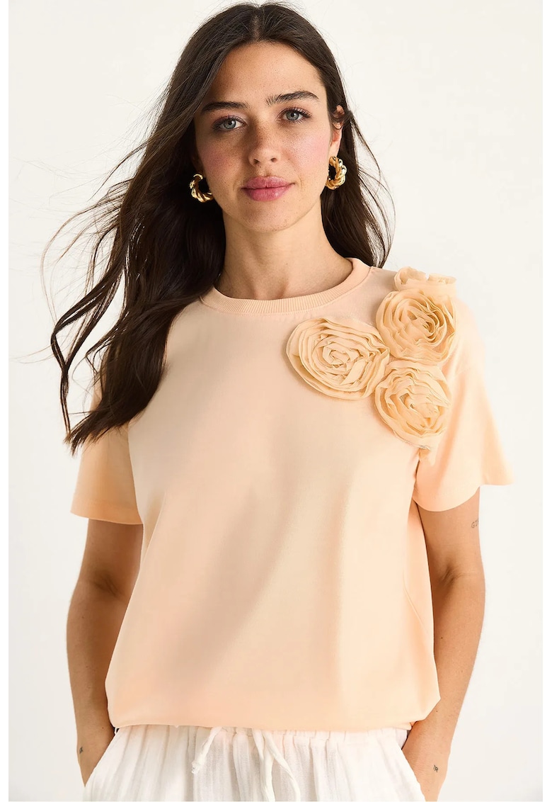 Tricou dama  bumbac pieptanat - guler rotund - detalii decorative - portocaliu