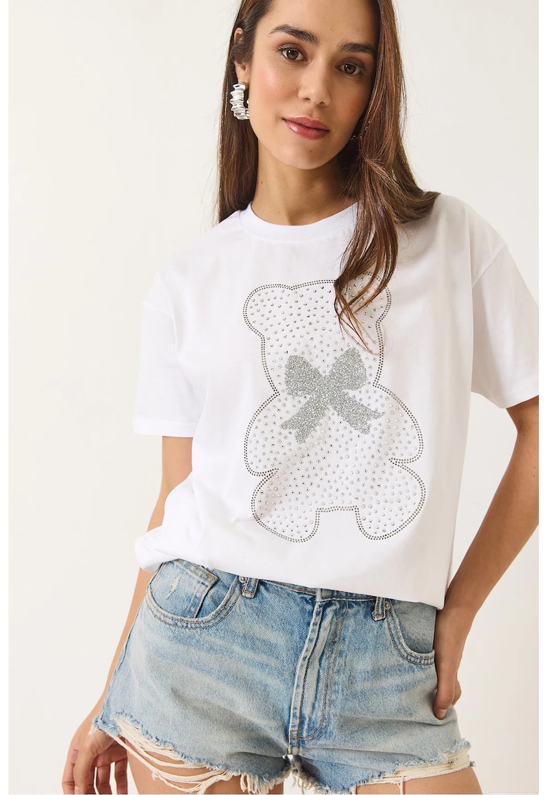 Tricou dama guler rotund - imprimeu brodat - alb - bumbac Tricou dama guler rotund - imprimeu brodat - alb - bumbac