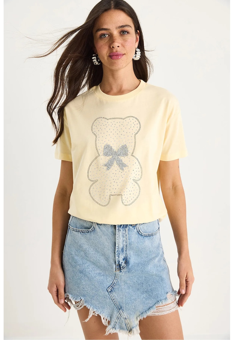 Tricou dama  galben - bumbac - guler rotund - imprimeu brodat - maneca scurta