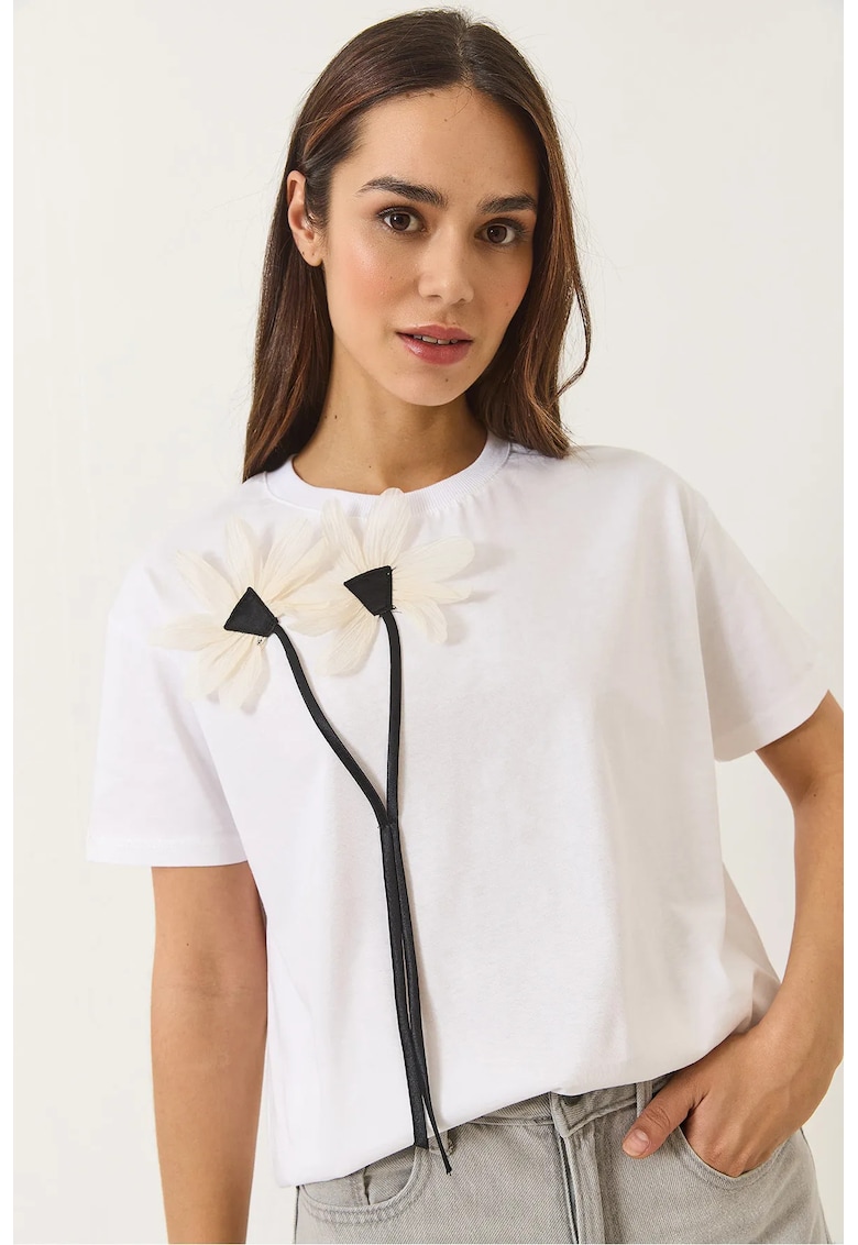 Tricou dama maneca scurta - imprimeu floral - alb - bumbac