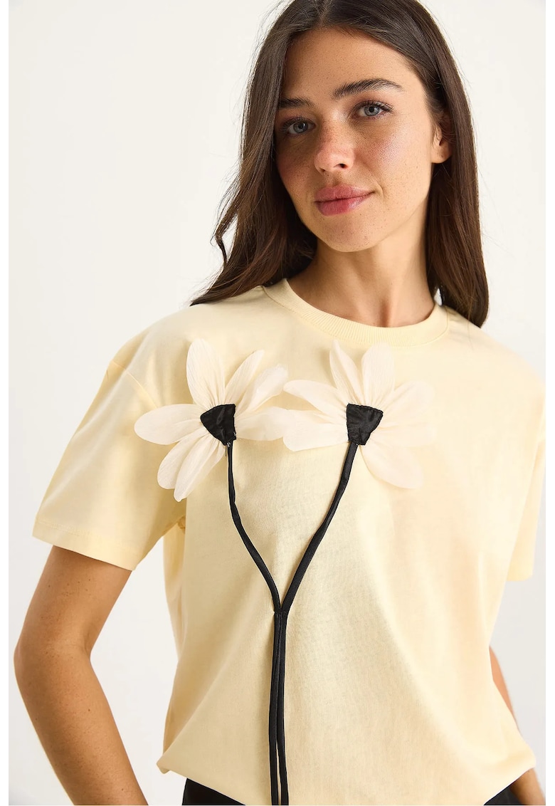 Tricou dama -  tricou cu maneca scurta - imprimeu floral - galben bumbac