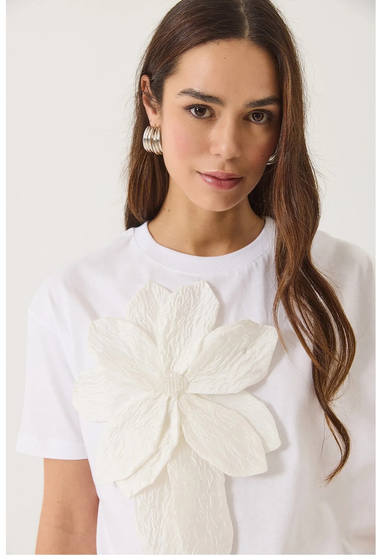 Tricou dama guler rotund - imprimeu floral - alb - bumbac Tricou dama guler rotund - imprimeu floral - alb - bumbac