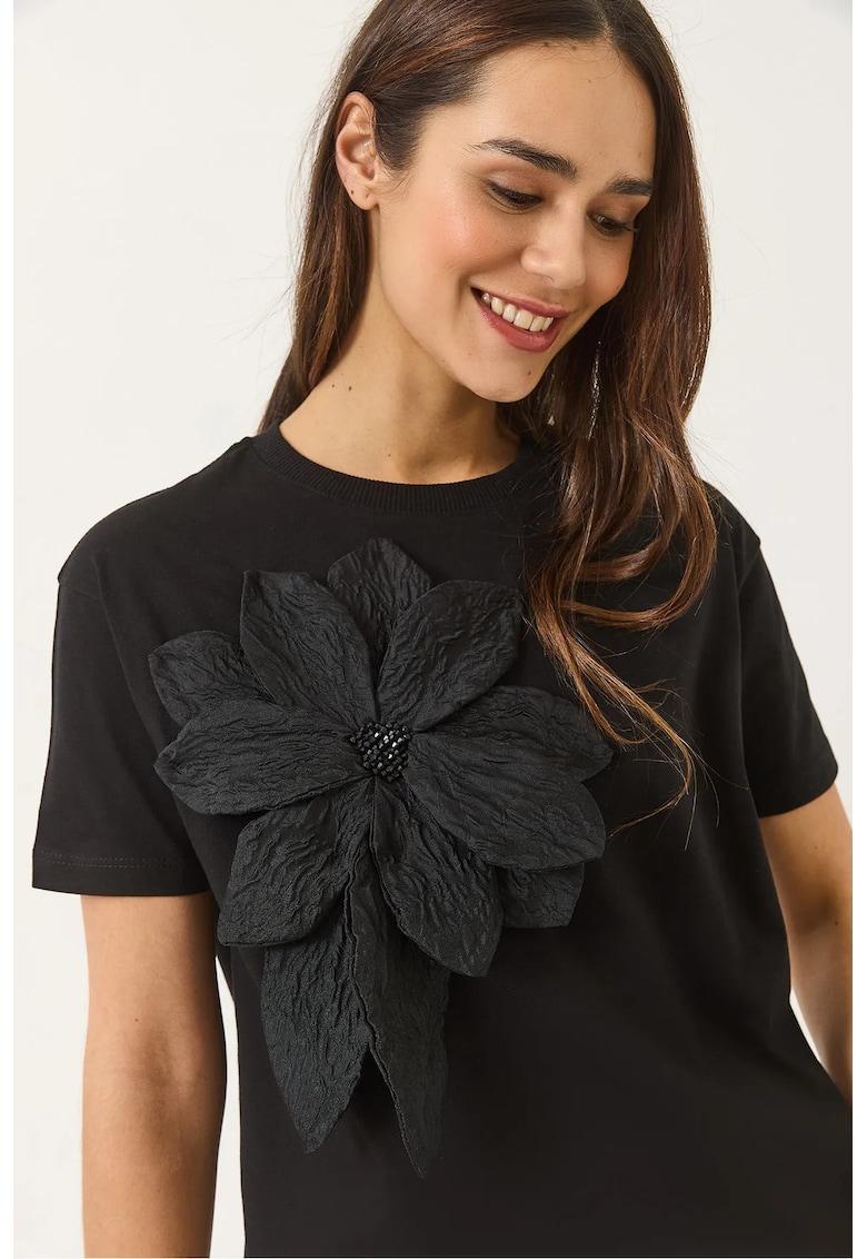 Tricou dama  guler rotund - imprimeu floral - negru - bumbac