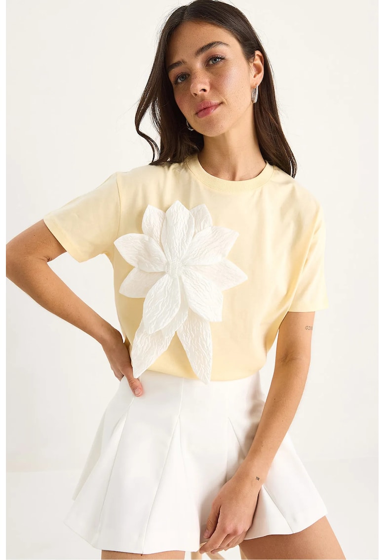 Tricou dama guler rotund - imprimeu floral - galben - bumbac