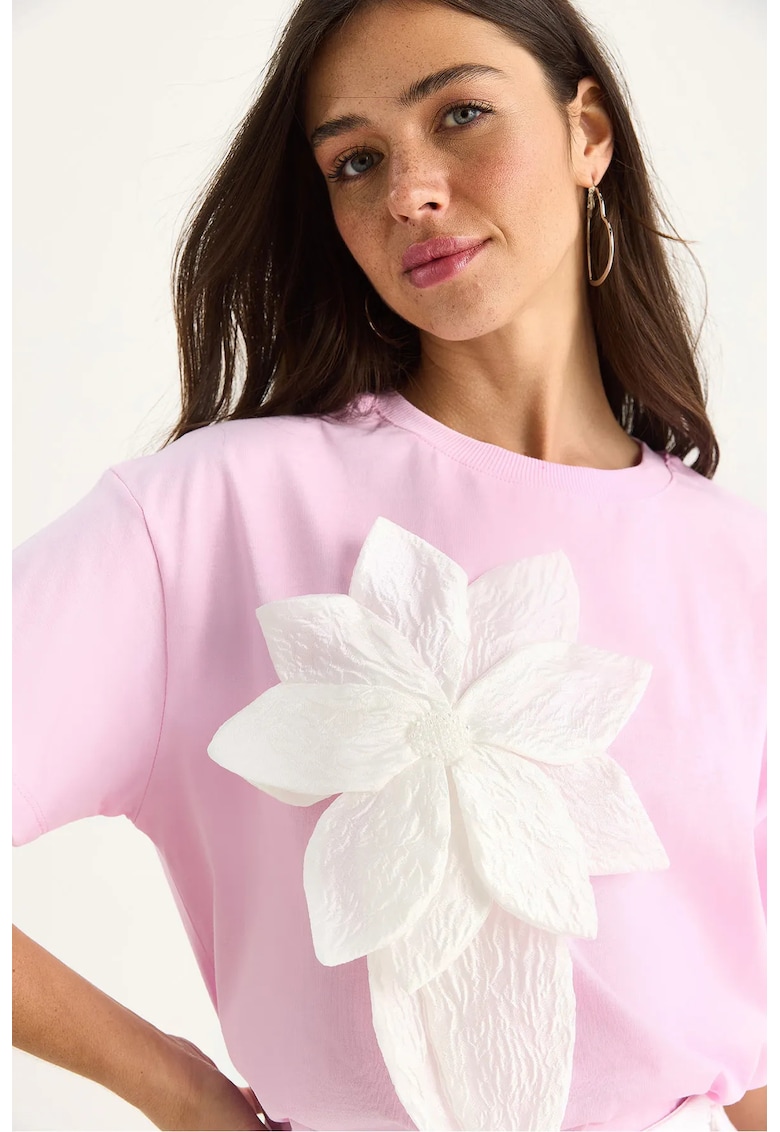 Tricou dama  cu guler rotund - imprimeu floral - roz - bumbac - maneca scurta