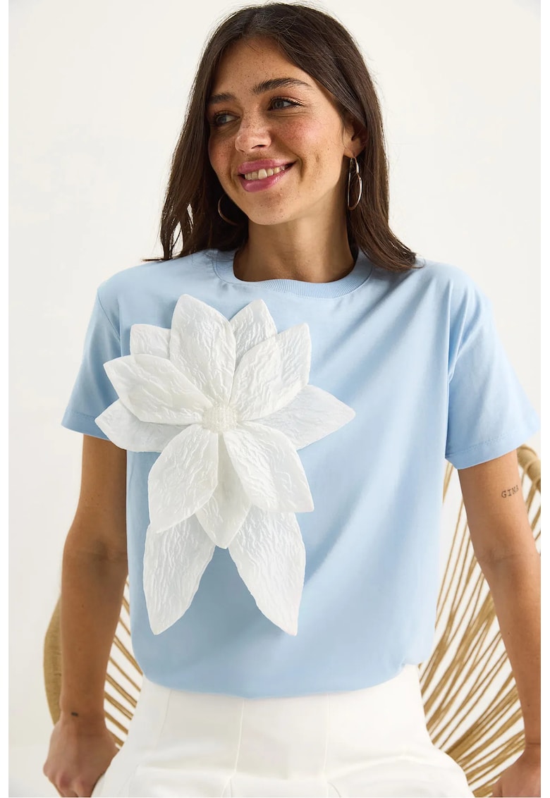 Tricou dama  cu guler rotund - imprimeu floral - albastru - bumbac - maneca scurta