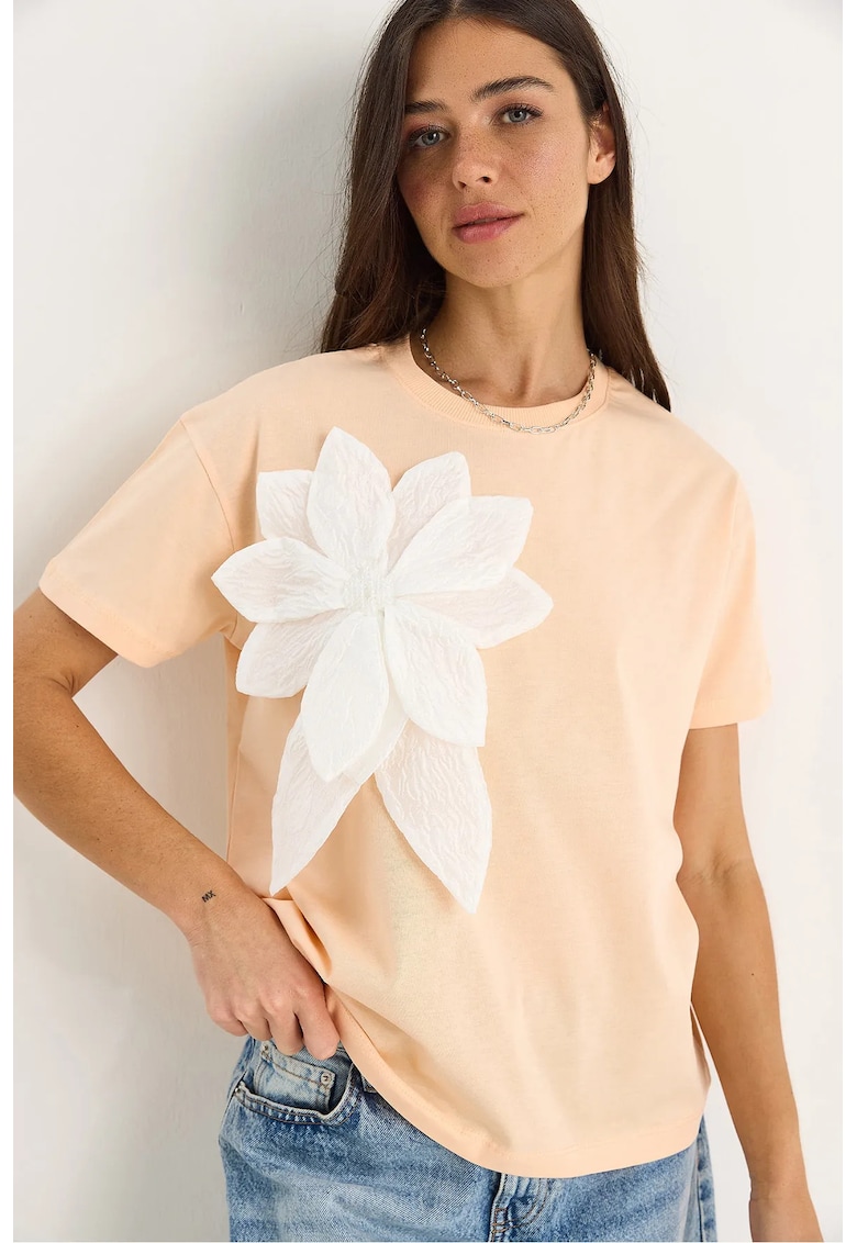 Tricou dama  guler rotund - imprimeu floral - portocaliu - bumbac