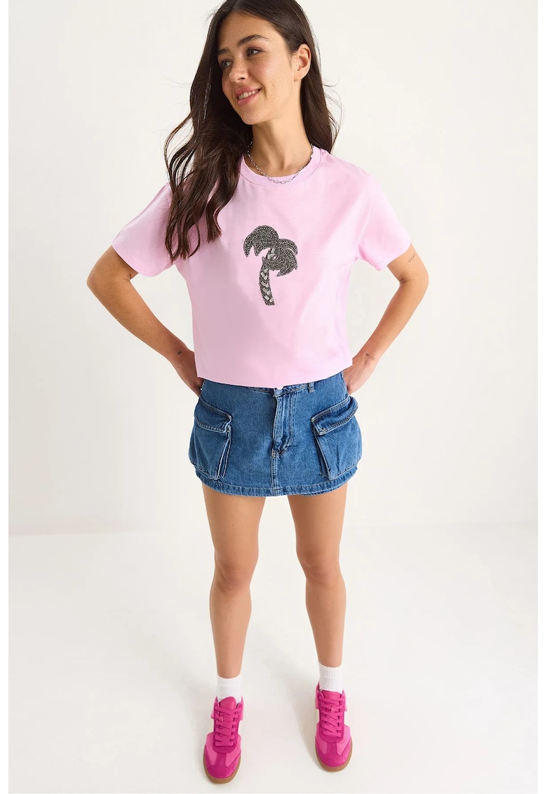 Tricou dama Crop cu Guler Rotund - brodat - roz - bumbac Tricou dama Crop cu Guler Rotund - brodat - roz - bumbac