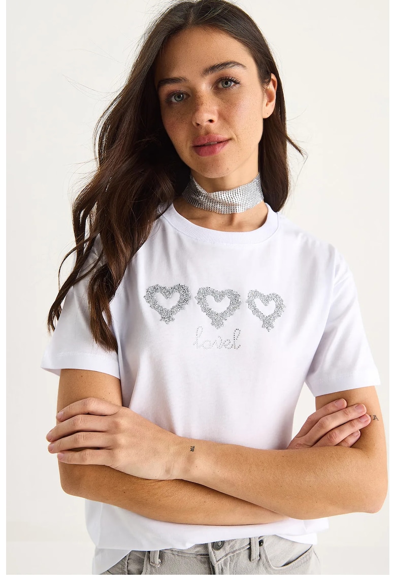 Tricou dama - guler rotund - brodat - alb bumbac