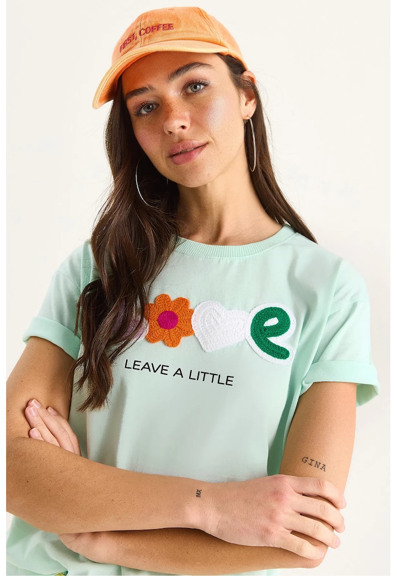 Tricou dama  guler rotund - brodat - verde - bumbac