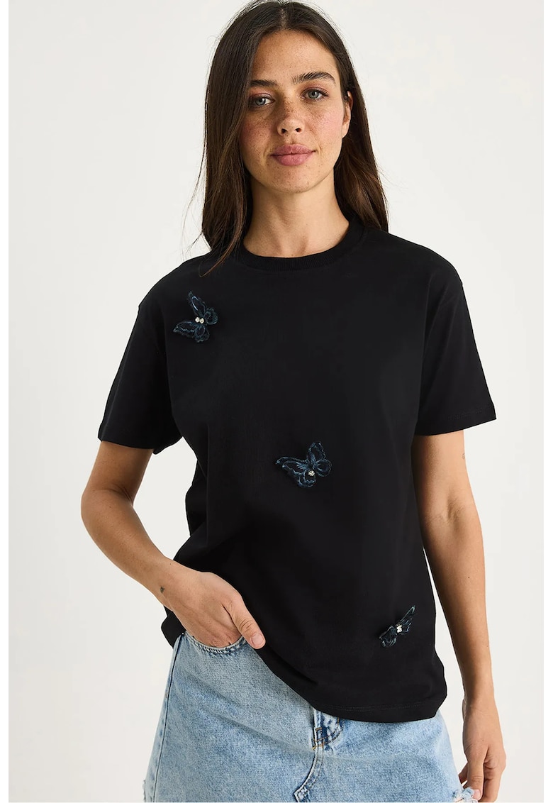 Tricou dama maneca scurta - guler rotund - brodat - negru - bumbac