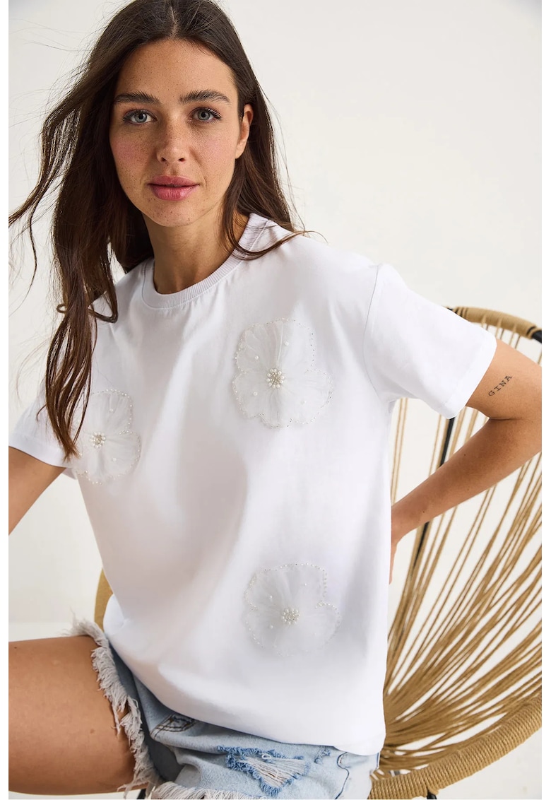 Tricou dama  cu guler rotund - imprimeu floral - alb - bumbac - maneca scurta