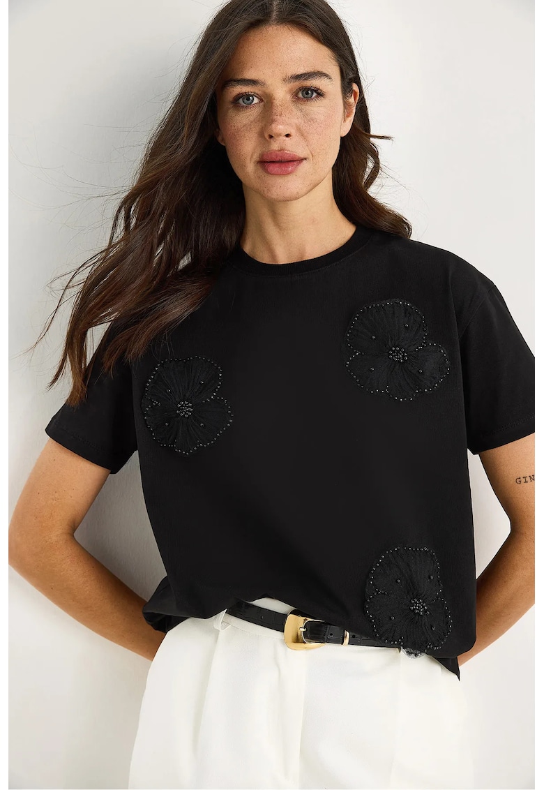 Tricou dama  guler rotund - imprimeu floral - negru - bumbac -