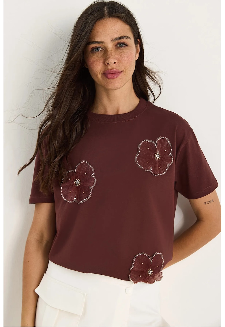 Tricou dama  cu guler rotund - imprimeu floral - scurt - maro - bumbac