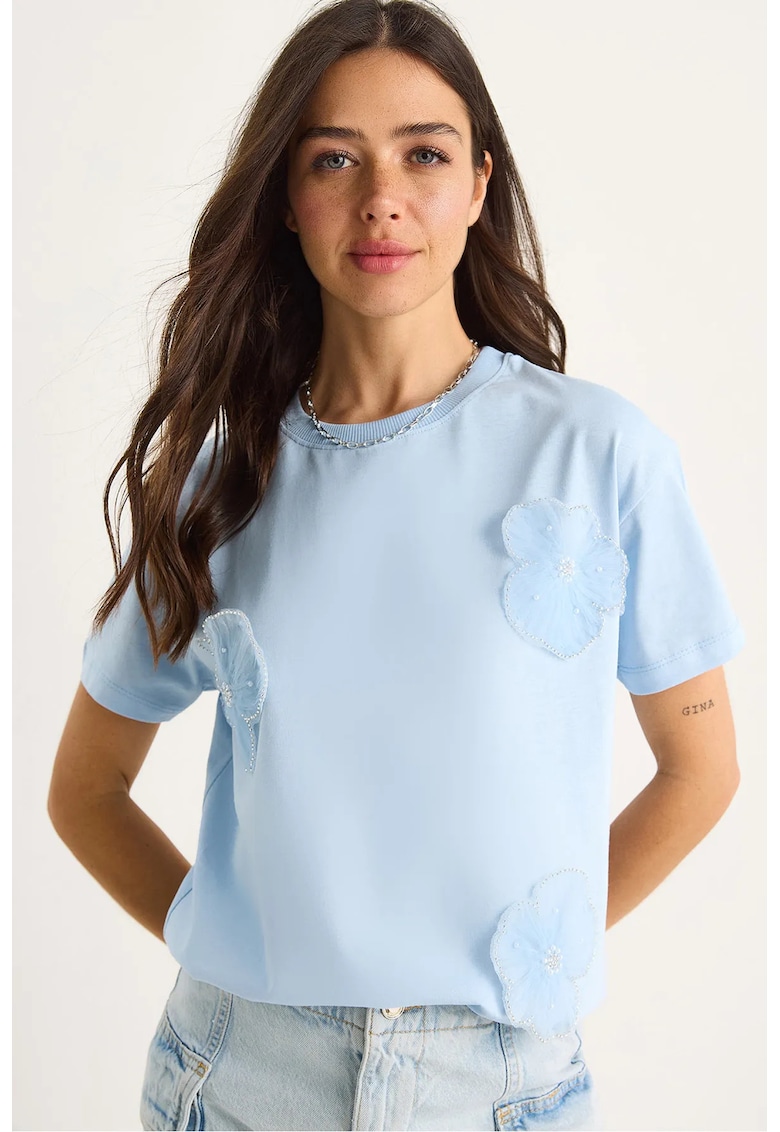 Tricou dama  guler rotund - imprimeu floral - albastru - bumbac