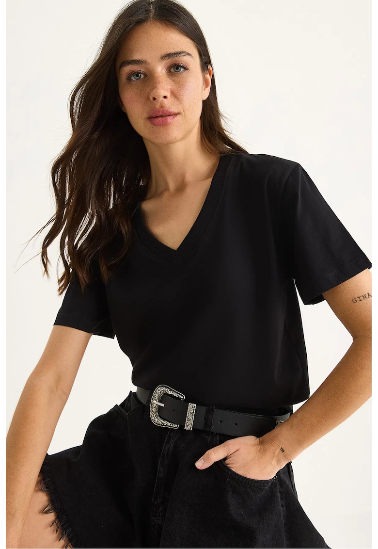 Tricou dama - HiCCUP - Comfort Fit - decolteu in V - bumbac pieptanat - negru -
