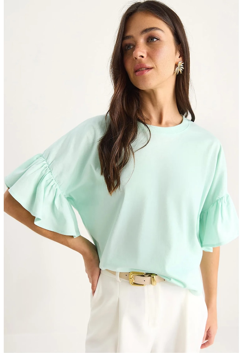 Tricou dama  guler rotund - detalii cu volane - verde - bumbac