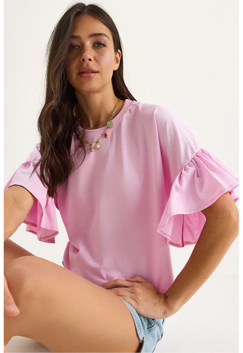 Tricou dama  guler rotund - detalii cu volane - roz - bumbac