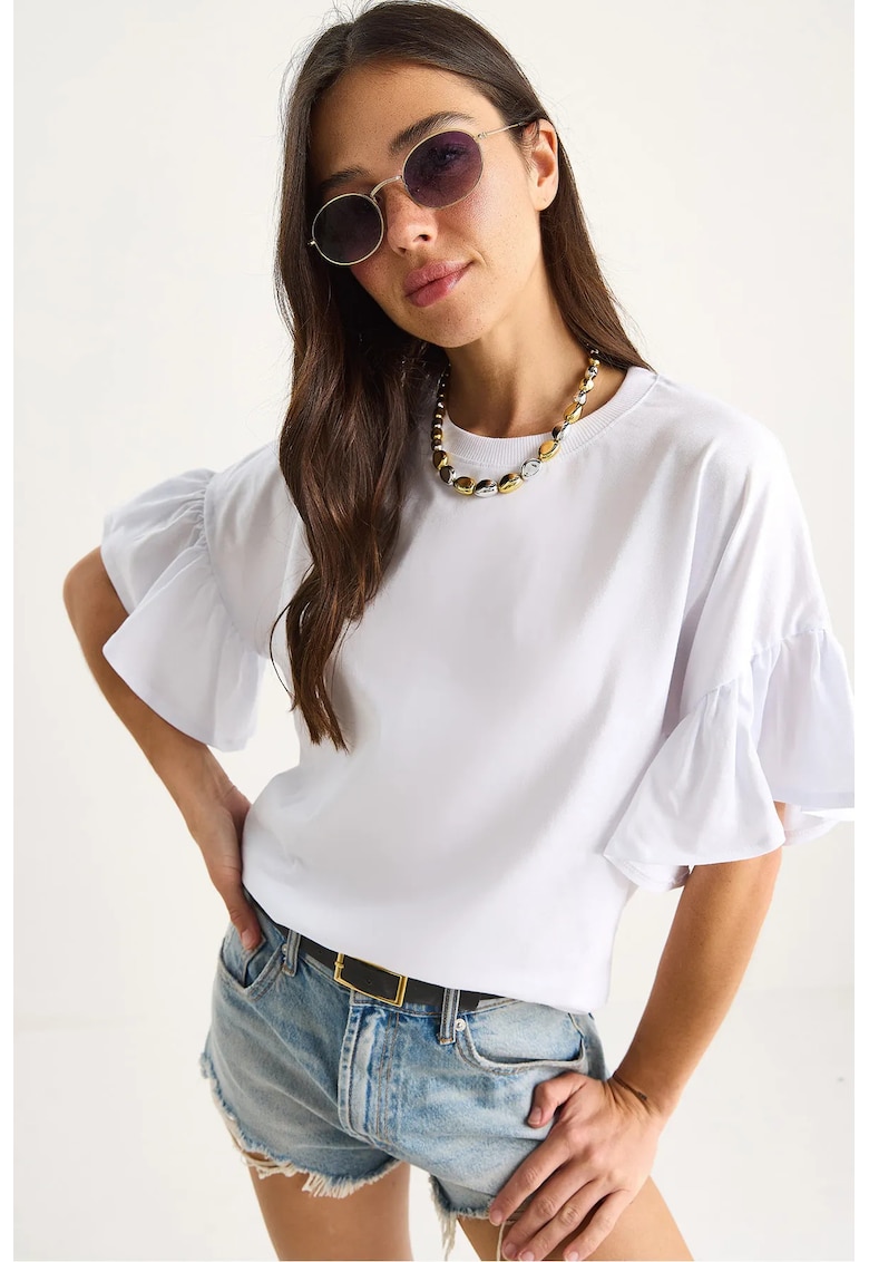 Tricouri dama -  tricou cu guler rotund si volane - alb - bumbac