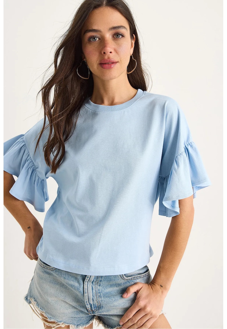 Tricou dama  guler rotund - detalii cu volane - albastru - bumbac