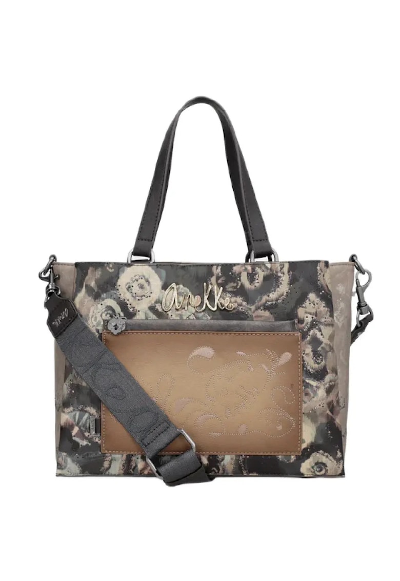 Geanta dama Manifesto - bej/negru - 29x21x13cm - doua manere - curea reglabila