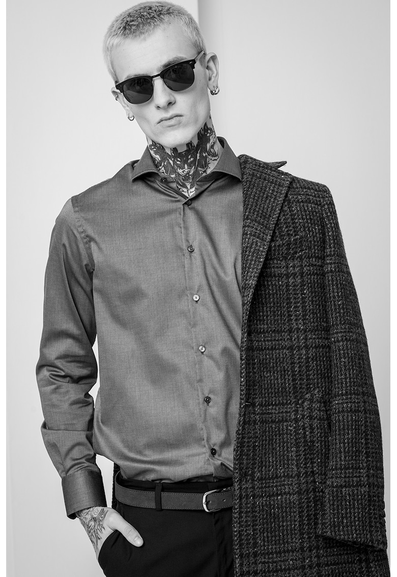 Camasa din bumbac cu maneci lungi - Albastru melange