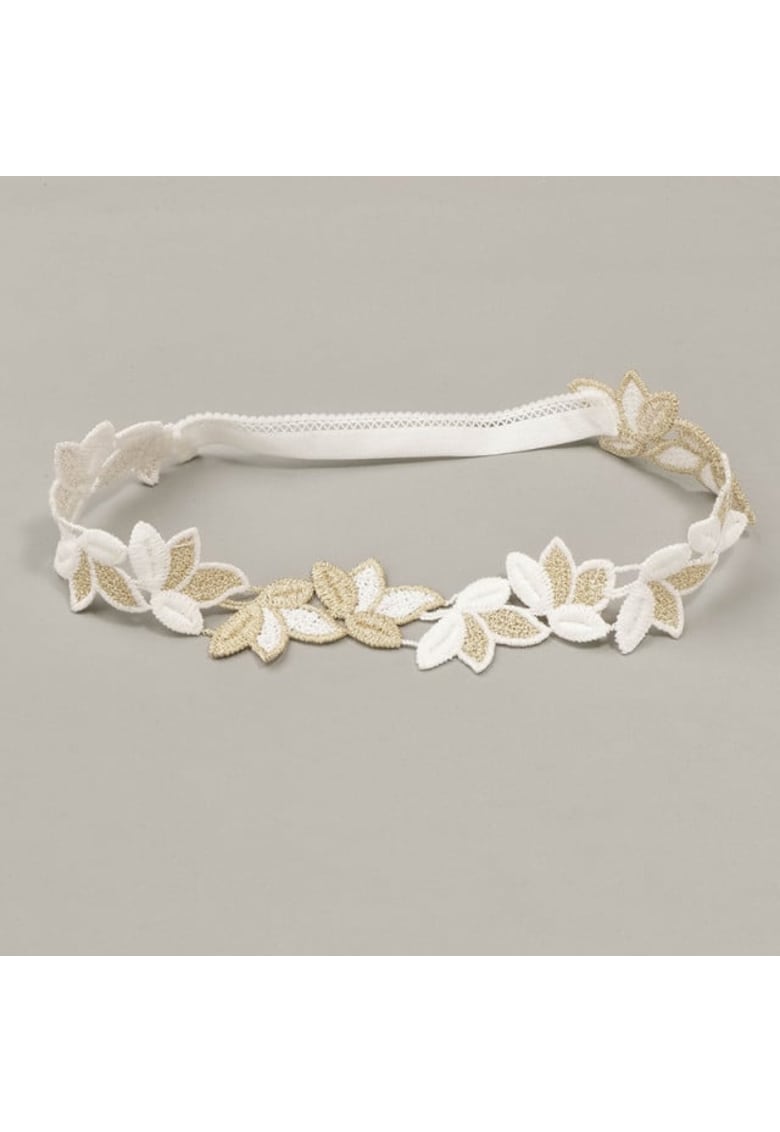 Bentita Model AL 17484 cu floricele crosetate albe si aurii - Fete - 0-12 luni - Multicolor