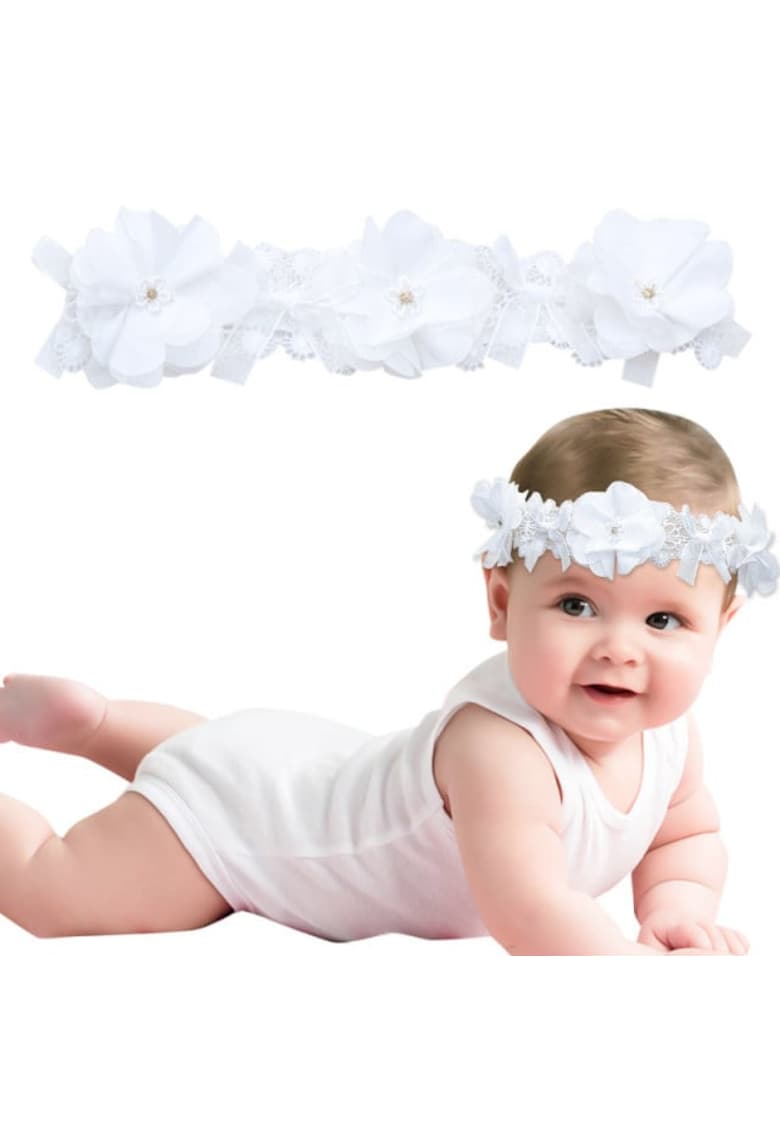 Bentita eleganta Model AL 17491 cu floricele si danteluta - Fete - 0-12 luni - Alb